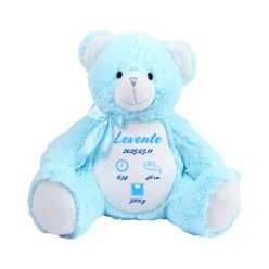   Egyedi feliratos pihe-puha plüss maci babaszületésre, kék