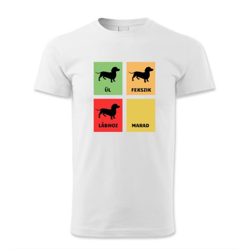 Ül, fekszik, lábhoz, marad! Tacskó/férfi