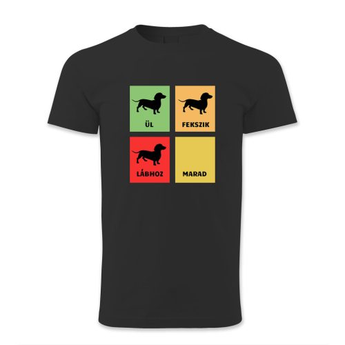 Ül, fekszik, lábhoz, marad! Tacskó/férfi