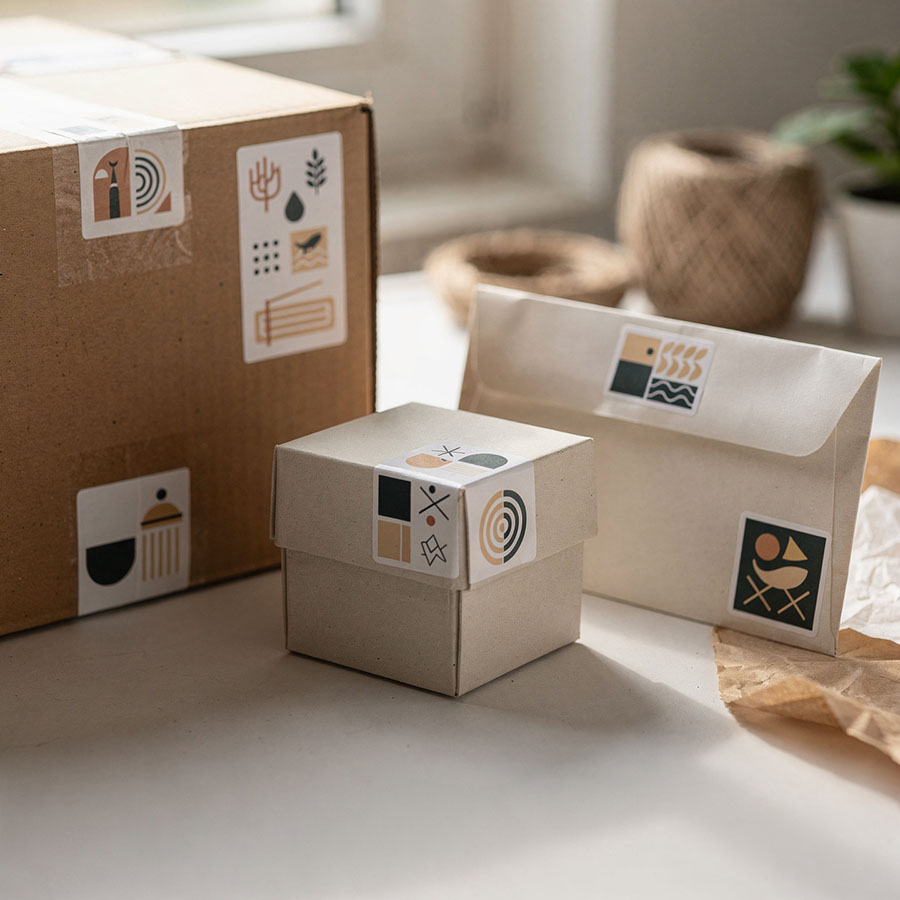 Dekorációs címkék grafikai mintával csomagon és borítékon